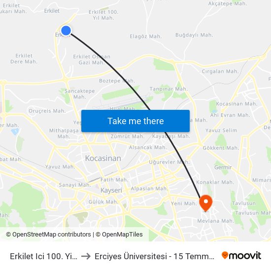 Erkilet Ici 100. Yil Mah 3 to Erciyes Üniversitesi - 15 Temmuz Yerleşkesi map