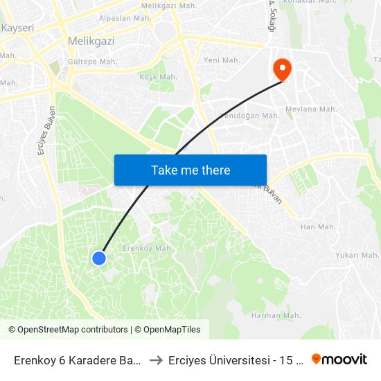 Erenkoy 6 Karadere Baglari Guzellestirme to Erciyes Üniversitesi - 15 Temmuz Yerleşkesi map