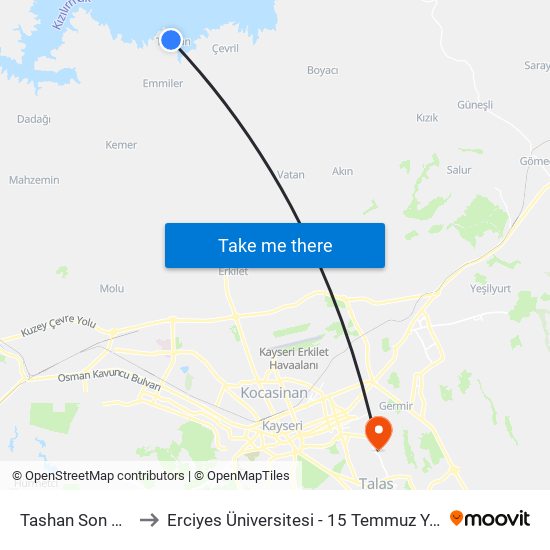 Tashan Son Durak to Erciyes Üniversitesi - 15 Temmuz Yerleşkesi map