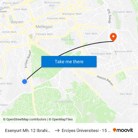 Esenyurt Mh. 12 Ibrahim Nalbantoglu Cami to Erciyes Üniversitesi - 15 Temmuz Yerleşkesi map