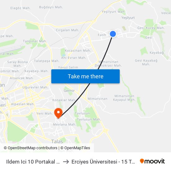 Ildem Ici 10 Portakal Market Karsisi to Erciyes Üniversitesi - 15 Temmuz Yerleşkesi map