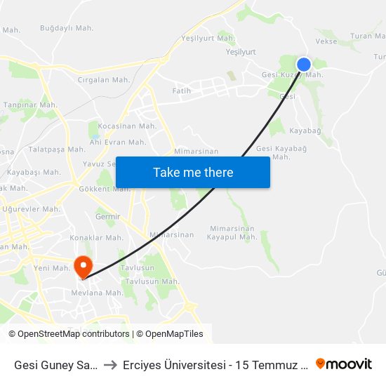 Gesi Guney Saglik 1 to Erciyes Üniversitesi - 15 Temmuz Yerleşkesi map