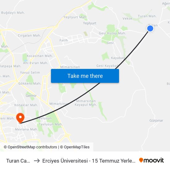 Turan Camii to Erciyes Üniversitesi - 15 Temmuz Yerleşkesi map