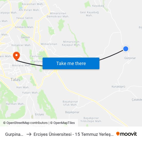 Gurpinar 3 to Erciyes Üniversitesi - 15 Temmuz Yerleşkesi map