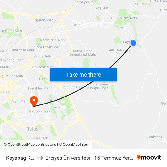 Kayabag Koyu to Erciyes Üniversitesi - 15 Temmuz Yerleşkesi map