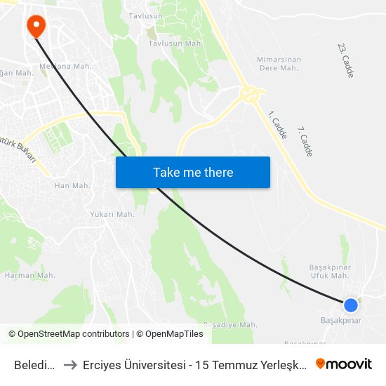 Belediye to Erciyes Üniversitesi - 15 Temmuz Yerleşkesi map