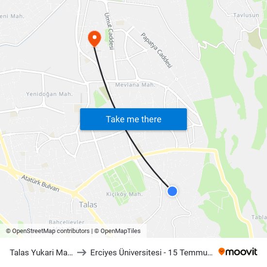 Talas Yukari Mahalle 1 to Erciyes Üniversitesi - 15 Temmuz Yerleşkesi map