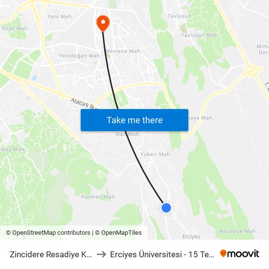 Zincidere Resadiye Komando Cad. to Erciyes Üniversitesi - 15 Temmuz Yerleşkesi map