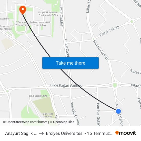 Anayurt Saglik Ocagi to Erciyes Üniversitesi - 15 Temmuz Yerleşkesi map