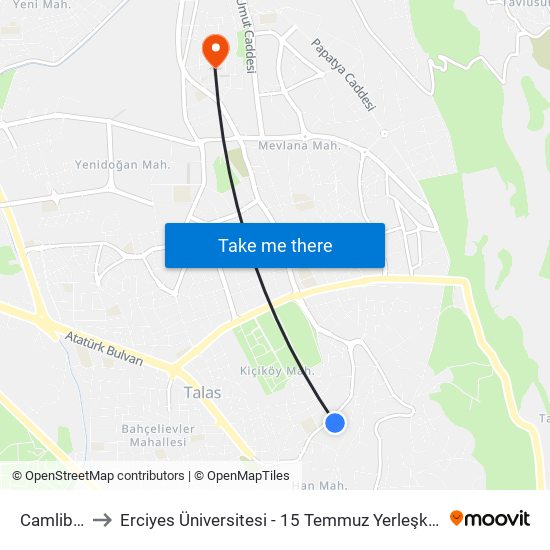 Camlibel to Erciyes Üniversitesi - 15 Temmuz Yerleşkesi map