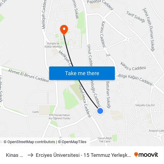 Kinas A1 to Erciyes Üniversitesi - 15 Temmuz Yerleşkesi map