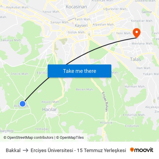 Bakkal to Erciyes Üniversitesi - 15 Temmuz Yerleşkesi map