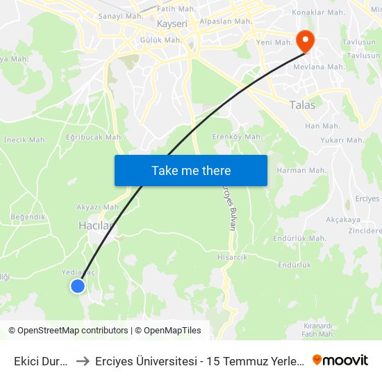 Ekici Durağı to Erciyes Üniversitesi - 15 Temmuz Yerleşkesi map