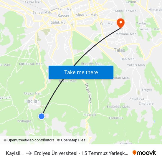 Kayisilik to Erciyes Üniversitesi - 15 Temmuz Yerleşkesi map