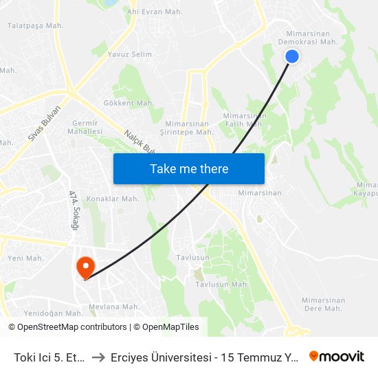 Toki Ici 5. Etap 1 to Erciyes Üniversitesi - 15 Temmuz Yerleşkesi map