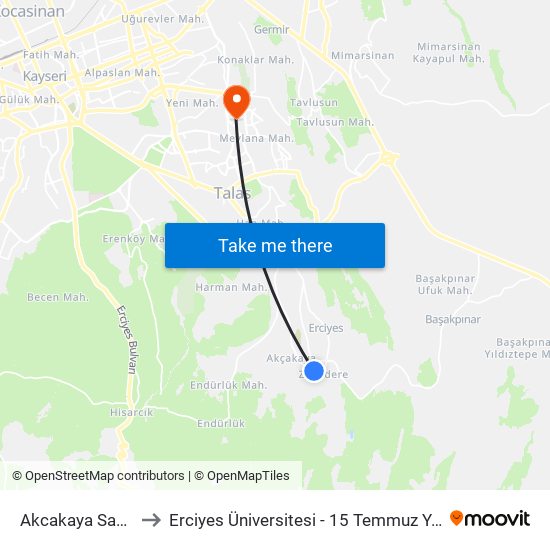 Akcakaya Sabanci to Erciyes Üniversitesi - 15 Temmuz Yerleşkesi map