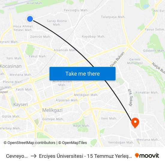 Cevreyol 1 to Erciyes Üniversitesi - 15 Temmuz Yerleşkesi map