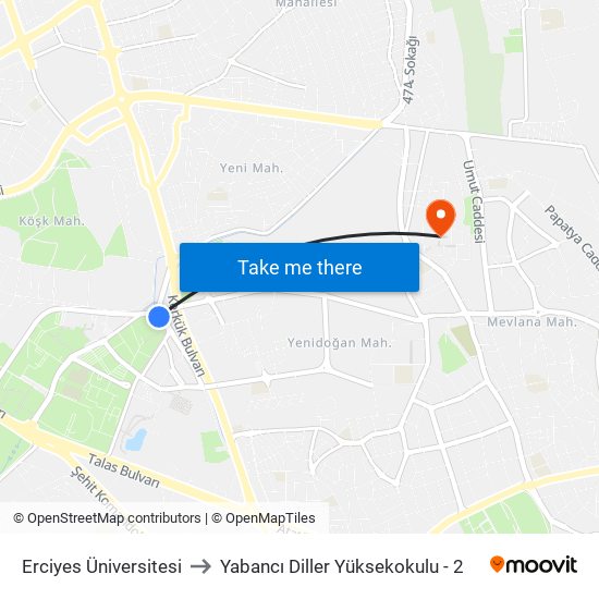 Erciyes Üniversitesi to Yabancı Diller Yüksekokulu - 2 map