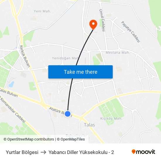 Yurtlar Bölgesi to Yabancı Diller Yüksekokulu - 2 map