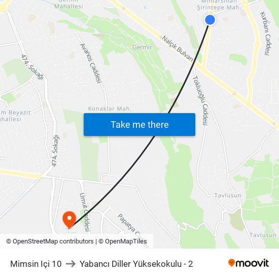 Mimsin Içi 10 to Yabancı Diller Yüksekokulu - 2 map