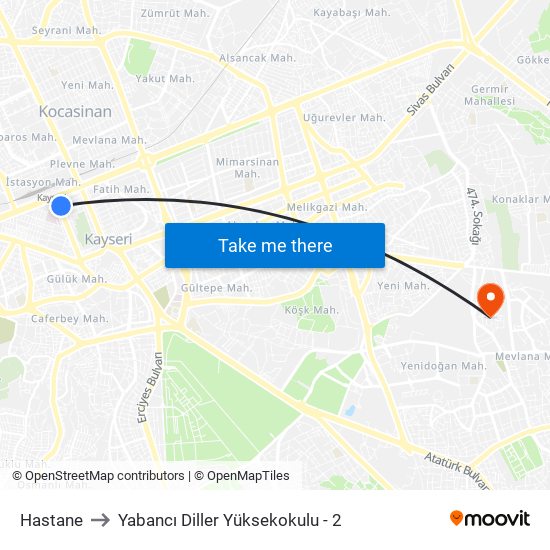 Hastane to Yabancı Diller Yüksekokulu - 2 map