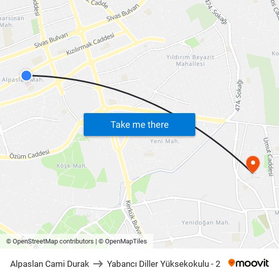 Alpaslan Cami Durak to Yabancı Diller Yüksekokulu - 2 map