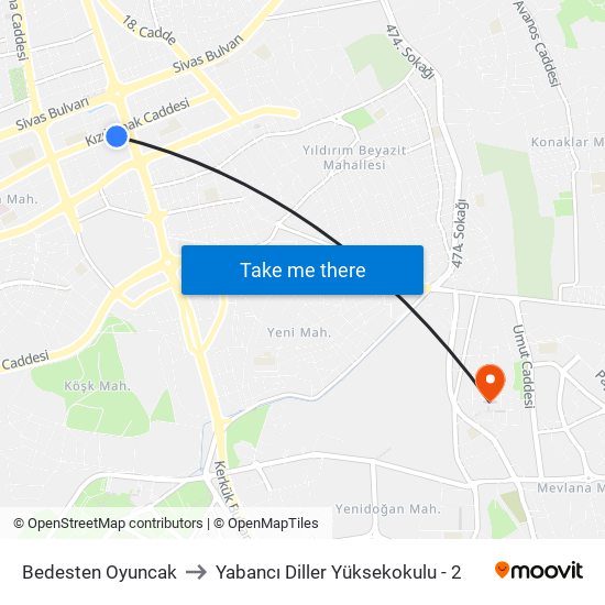 Bedesten Oyuncak to Yabancı Diller Yüksekokulu - 2 map