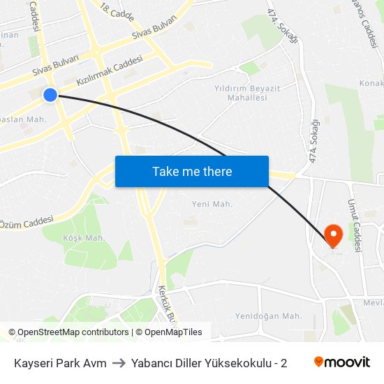 Kayseri Park Avm to Yabancı Diller Yüksekokulu - 2 map