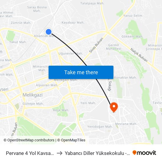 Pervane 4 Yol Kavsagi to Yabancı Diller Yüksekokulu - 2 map