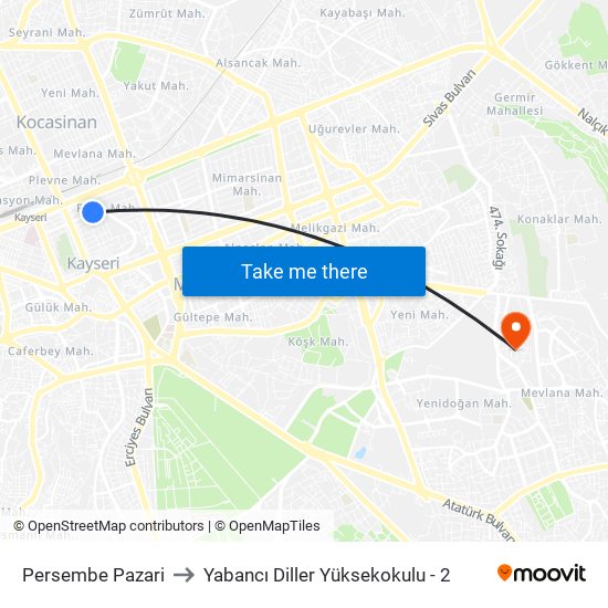 Persembe Pazari to Yabancı Diller Yüksekokulu - 2 map