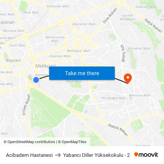 Acibadem Hastanesi to Yabancı Diller Yüksekokulu - 2 map