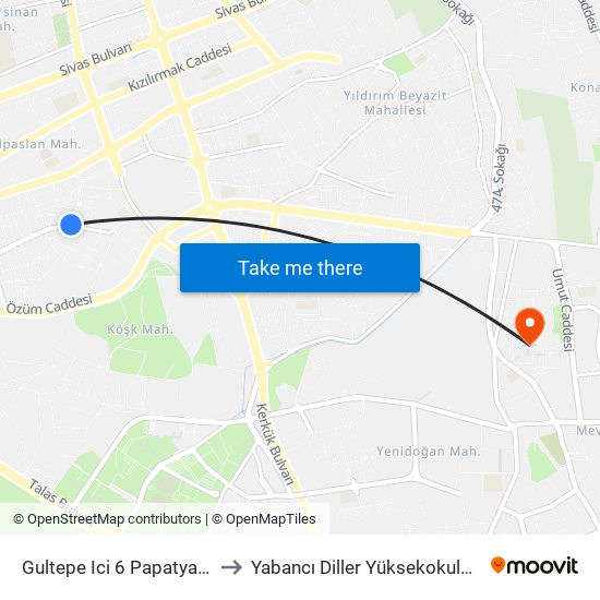 Gultepe Ici 6 Papatya St. to Yabancı Diller Yüksekokulu - 2 map