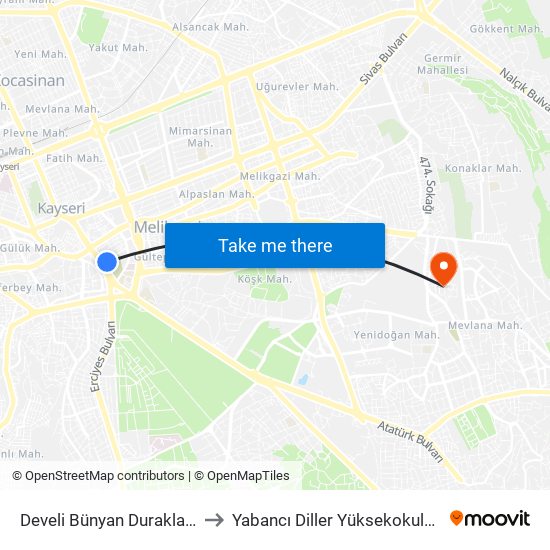 Develi Bünyan Durakları 1 to Yabancı Diller Yüksekokulu - 2 map