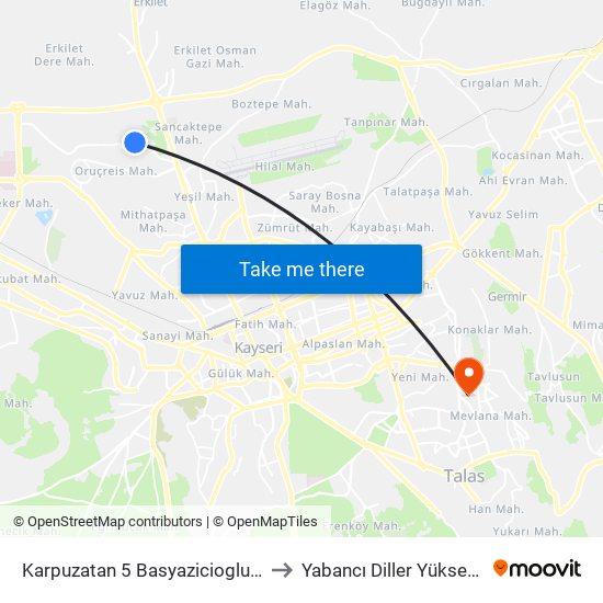 Karpuzatan 5 Basyazicioglu Pastirmaci to Yabancı Diller Yüksekokulu - 2 map