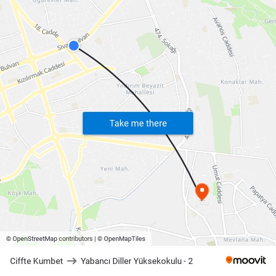 Ciffte Kumbet to Yabancı Diller Yüksekokulu - 2 map