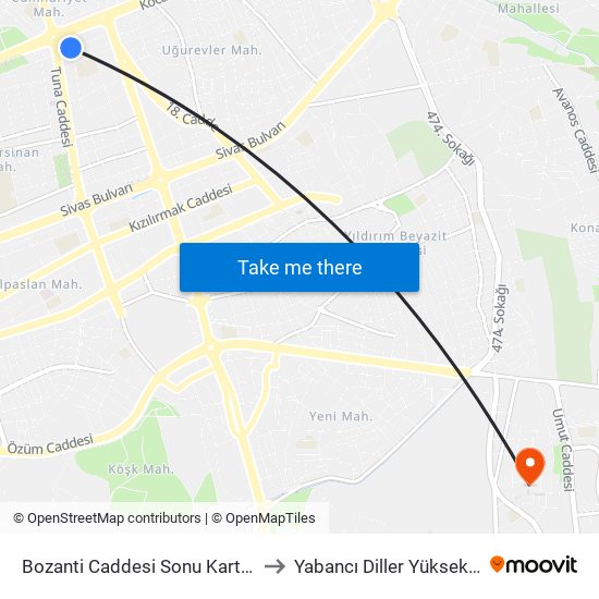 Bozanti Caddesi Sonu Kartallar Sitesi to Yabancı Diller Yüksekokulu - 2 map