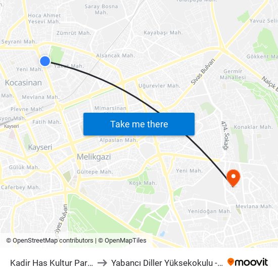 Kadir Has Kultur Parki to Yabancı Diller Yüksekokulu - 2 map
