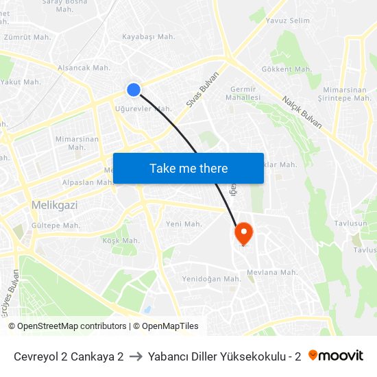 Cevreyol 2 Cankaya 2 to Yabancı Diller Yüksekokulu - 2 map