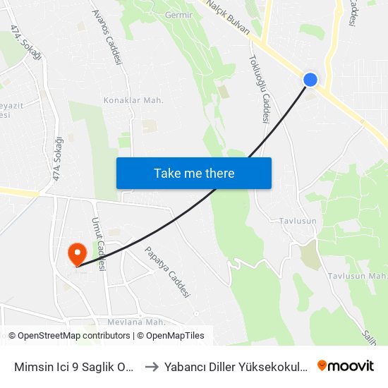 Mimsin Ici 9 Saglik Ocagi to Yabancı Diller Yüksekokulu - 2 map