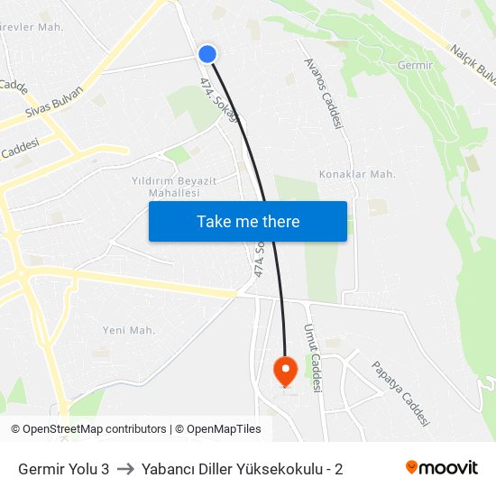 Germir Yolu 3 to Yabancı Diller Yüksekokulu - 2 map