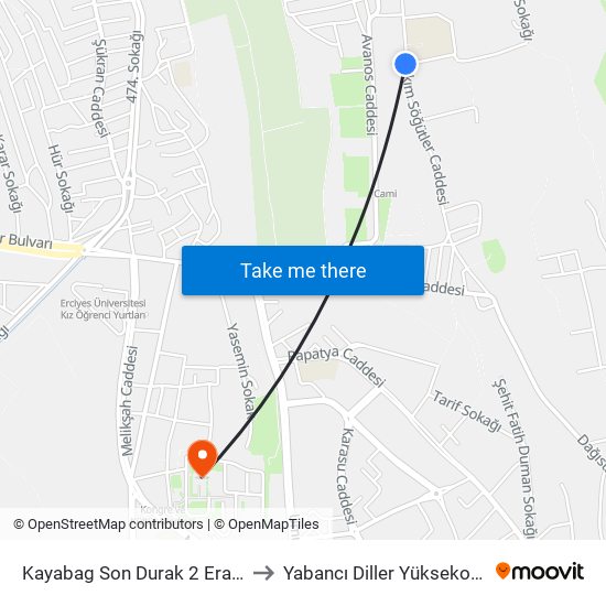 Kayabag Son Durak 2 Eras Koleji to Yabancı Diller Yüksekokulu - 2 map