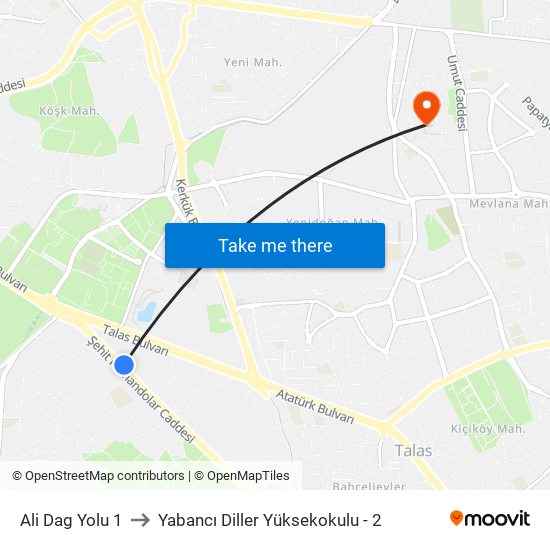 Ali Dag Yolu 1 to Yabancı Diller Yüksekokulu - 2 map