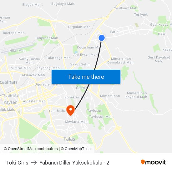 Toki Giris to Yabancı Diller Yüksekokulu - 2 map