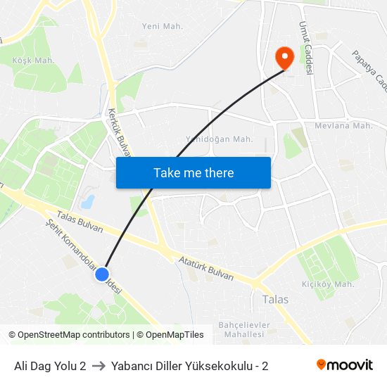 Ali Dag Yolu 2 to Yabancı Diller Yüksekokulu - 2 map