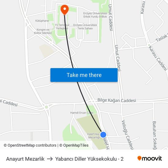 Anayurt Mezarlik to Yabancı Diller Yüksekokulu - 2 map