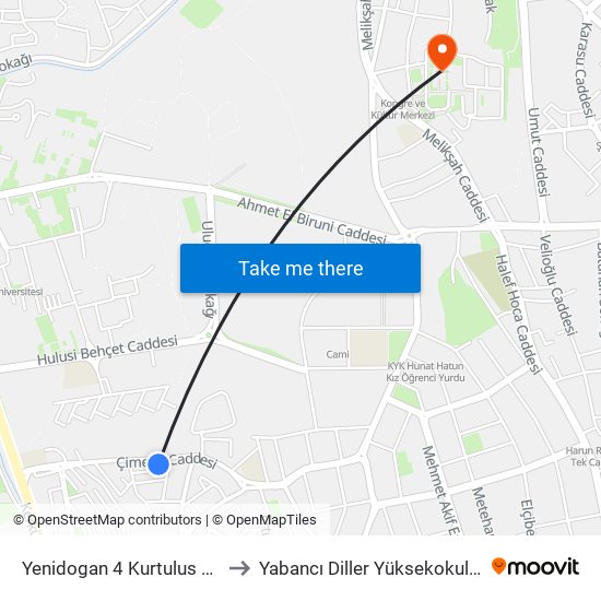 Yenidogan 4 Kurtulus Sit 2 to Yabancı Diller Yüksekokulu - 2 map