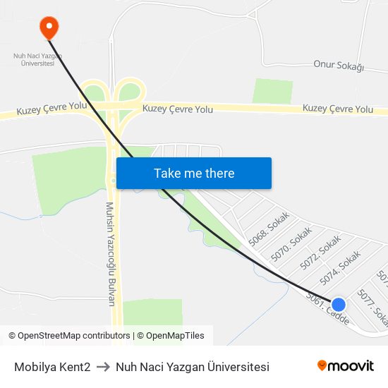 Mobilya Kent2 to Nuh Naci Yazgan Üniversitesi map