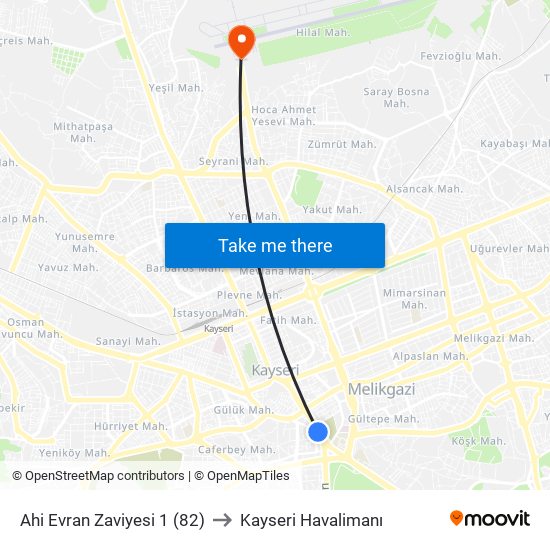 Ahi Evran Zaviyesi 1 (82) to Kayseri Havalimanı map