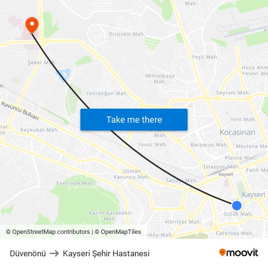Düvenönü to Kayseri Şehir Hastanesi map
