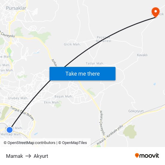 Mamak to Akyurt map